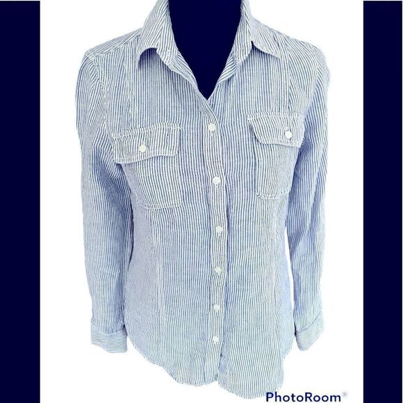 KENAR button front linen blend striped shirt with tab button sleeves, size XS - Picture 1 of 8